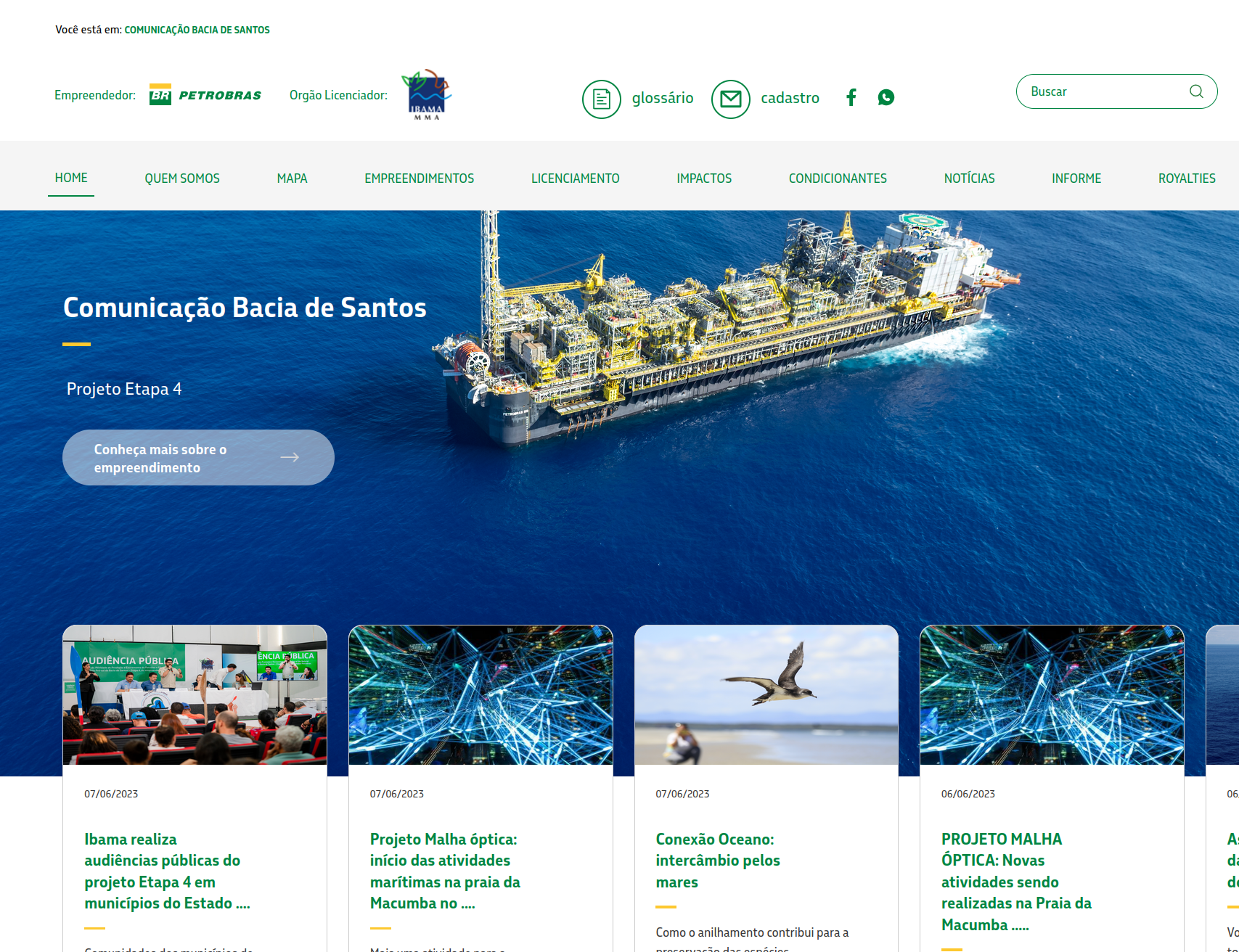 Visualização do site Comunicação Bacisa de Santos da Petrobras