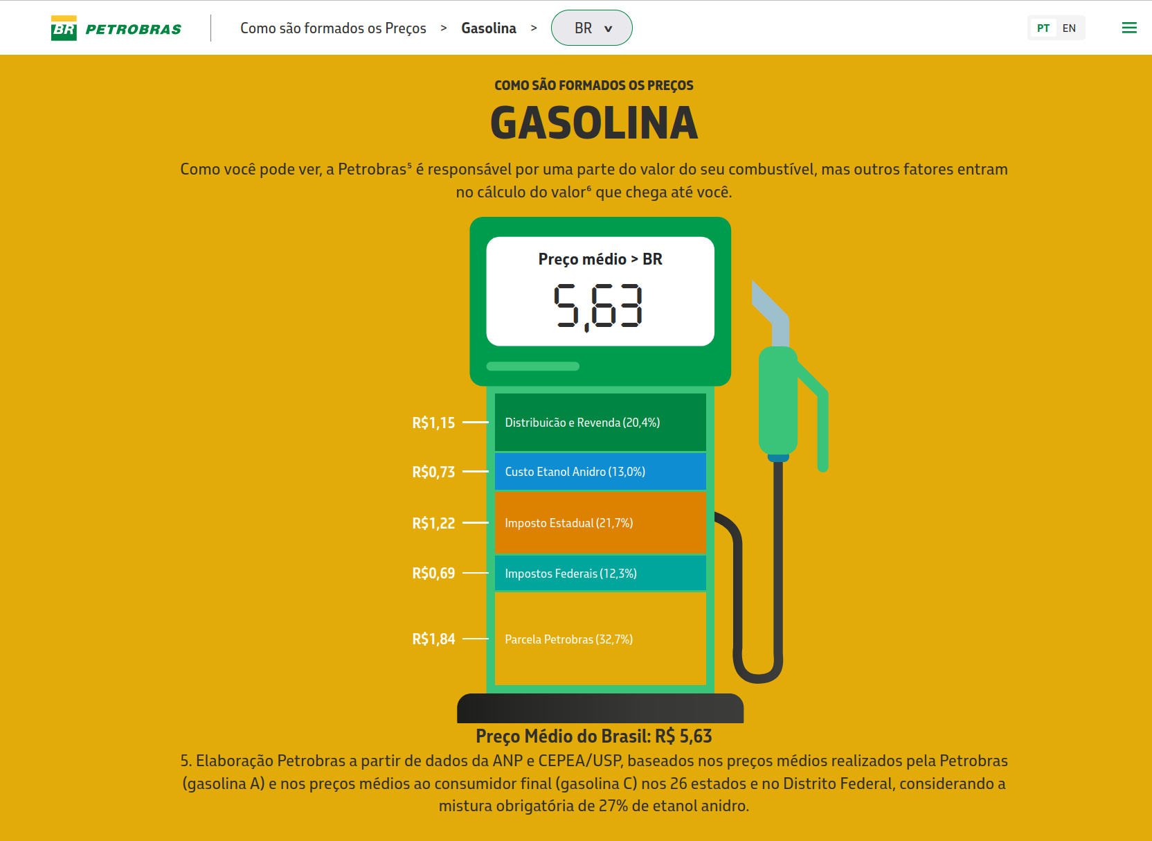Visualização do site Preço do Combustível da Petrobras