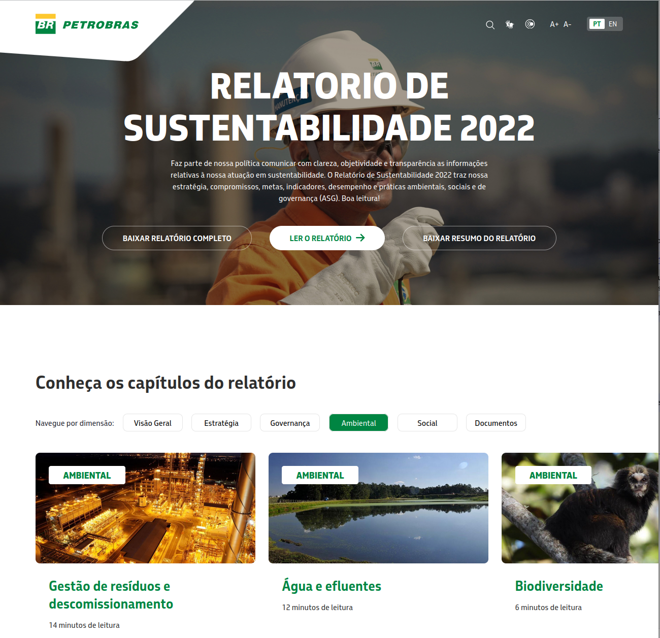 Visualização do site Relatório de Sustentabilidade da Petrobras