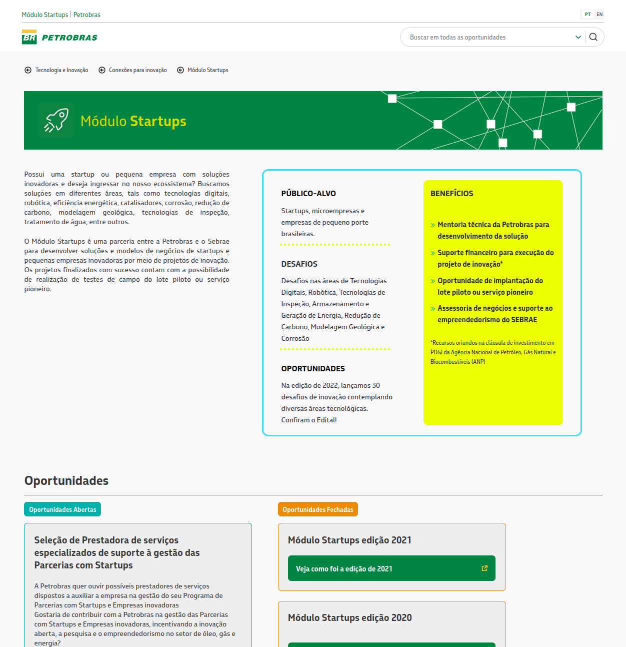 Visualização do site Tecnologia da Petrobras